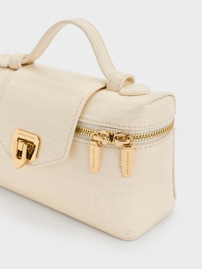 Arwen Croc-Effect Top Handle Vanity Bag - Cream | CHARLES & KEITH