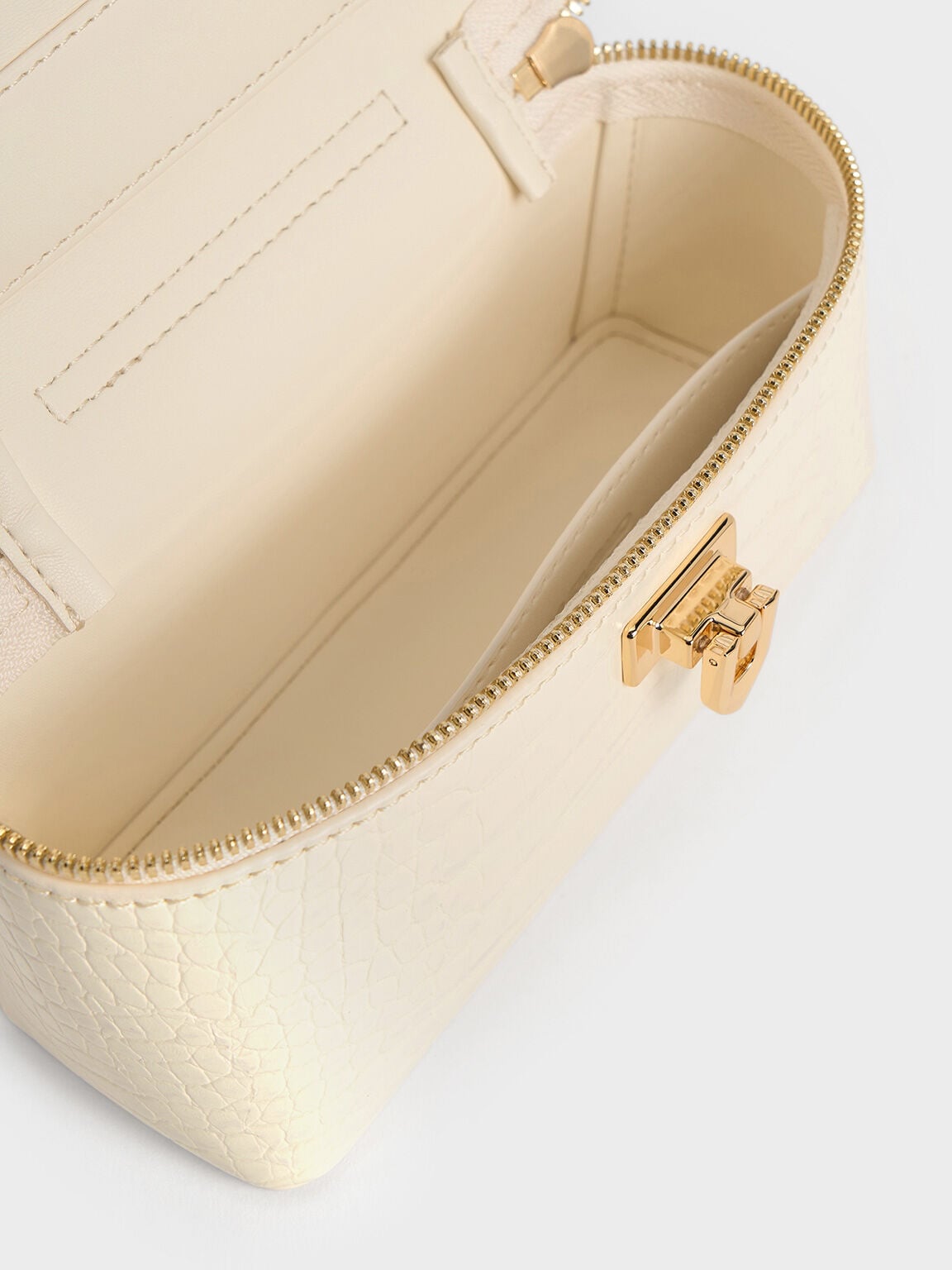 Arwen Croc-Effect Top Handle Vanity Bag - Cream | CHARLES & KEITH