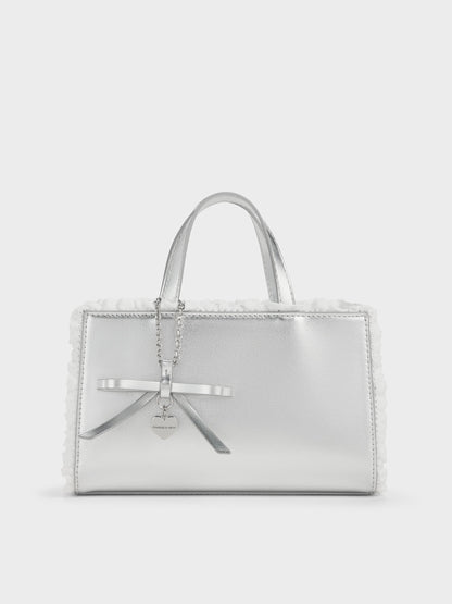 Raina Metallic Lace-Trim Tote Bag - Silver | CHARLES & KEITH