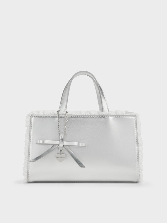 Raina Metallic Lace-Trim Tote Bag - Silver | CHARLES & KEITH