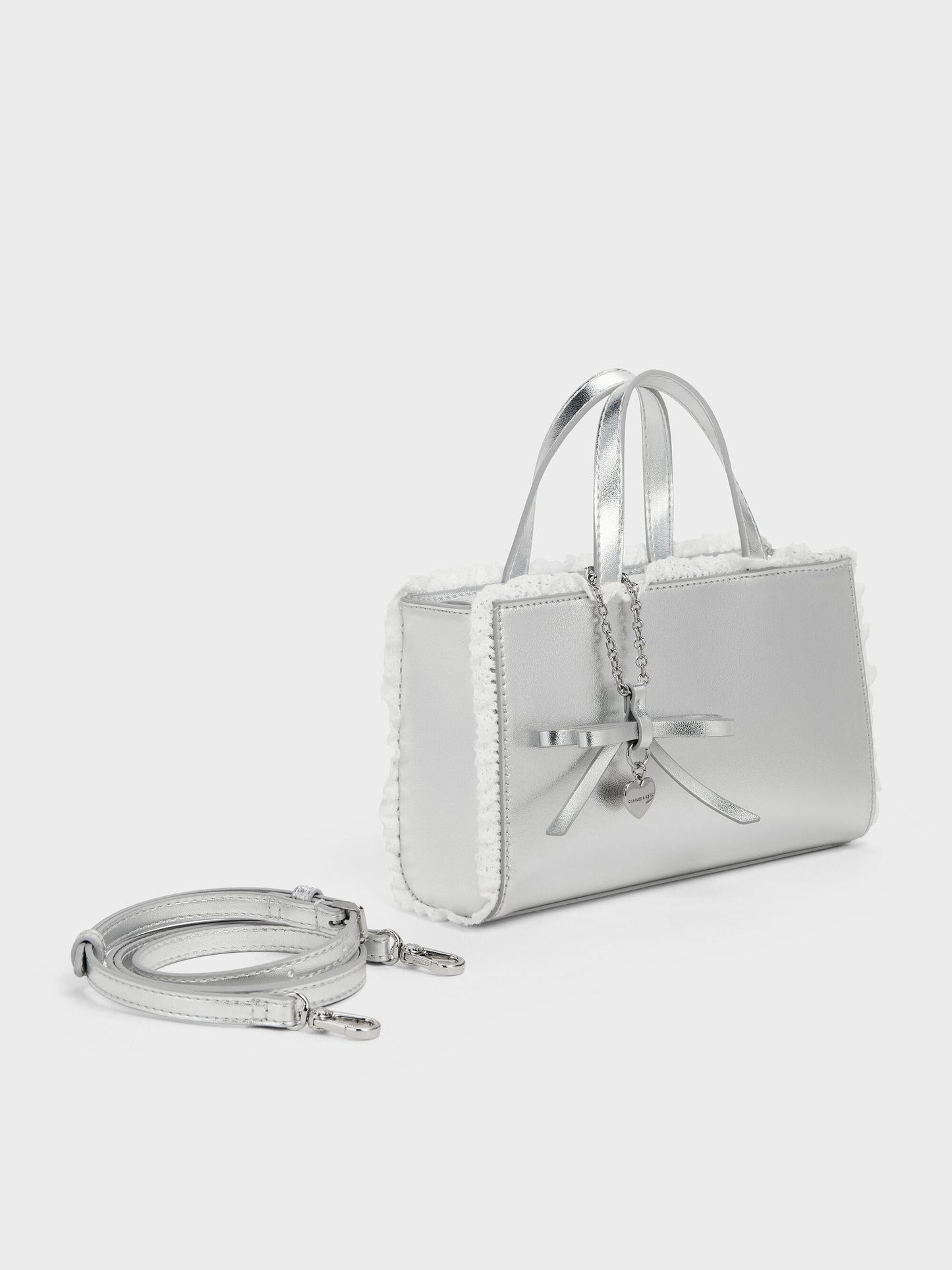 Raina Metallic Lace-Trim Tote Bag - Silver | CHARLES & KEITH