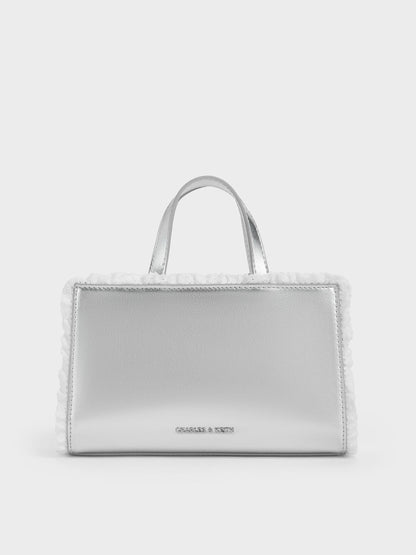 Raina Metallic Lace-Trim Tote Bag - Silver | CHARLES & KEITH