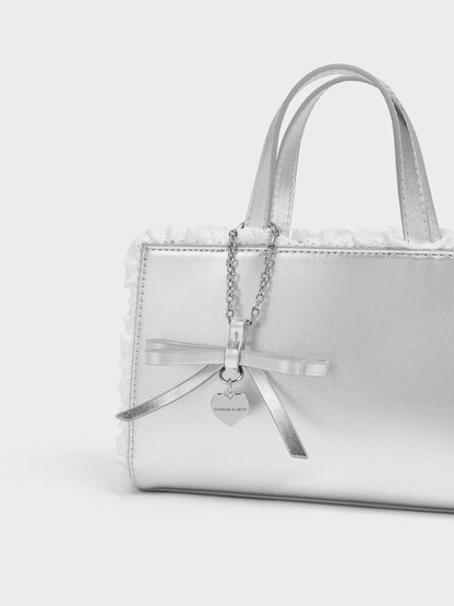 Raina Metallic Lace-Trim Tote Bag - Silver | CHARLES & KEITH