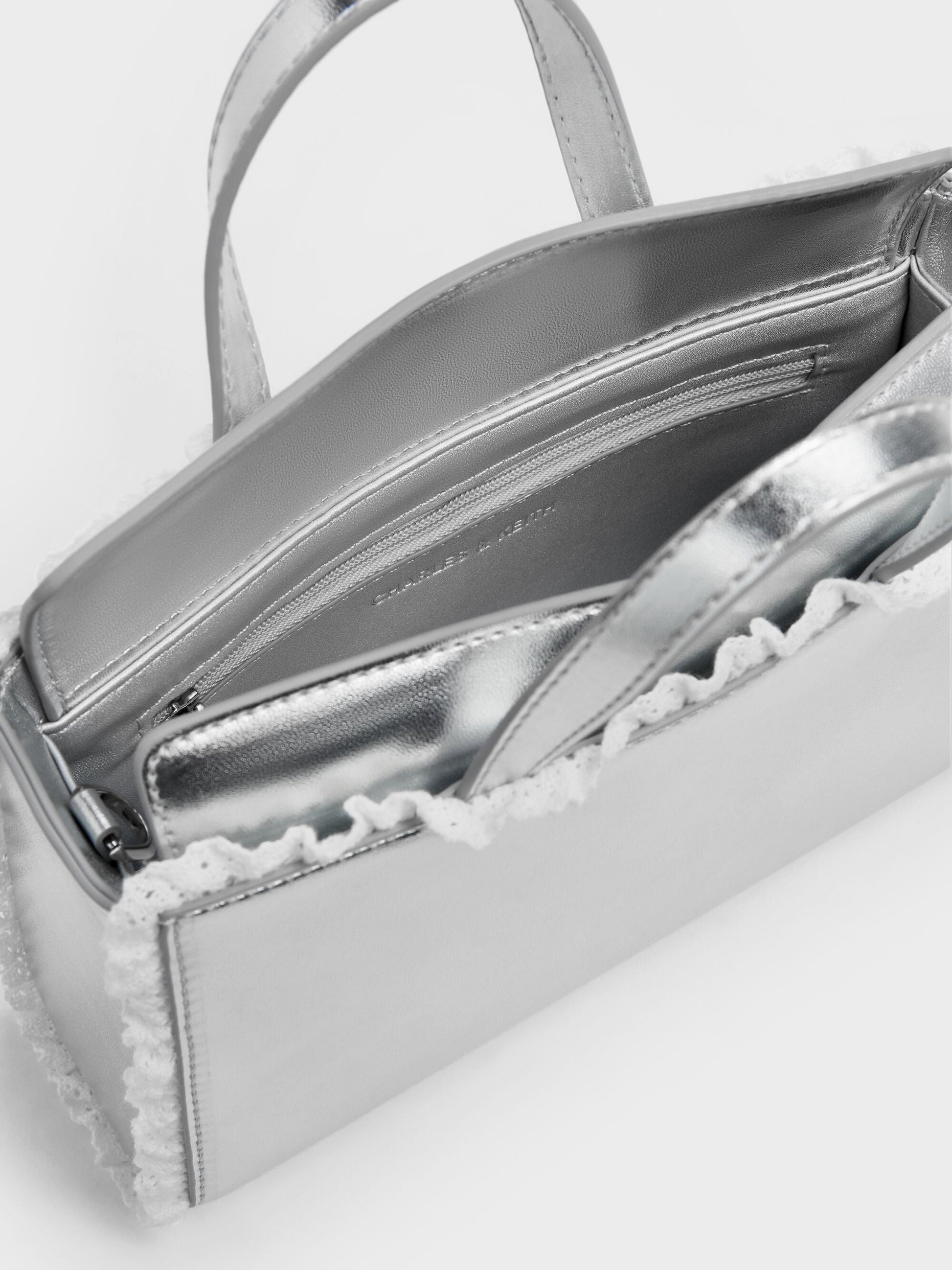 Raina Metallic Lace-Trim Tote Bag - Silver | CHARLES & KEITH