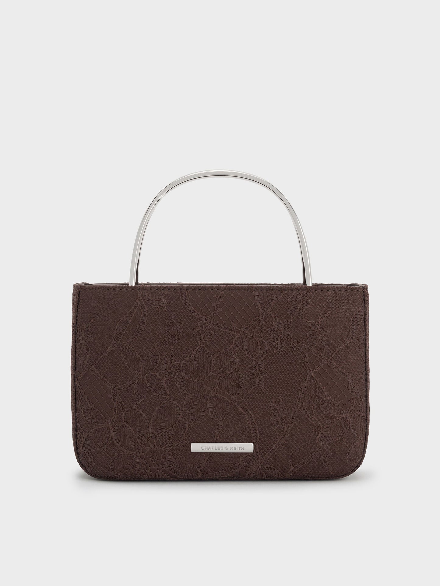 Jennis Lace & Satin Top Handle Bag - Dark Brown Textured | CHARLES & KEITH