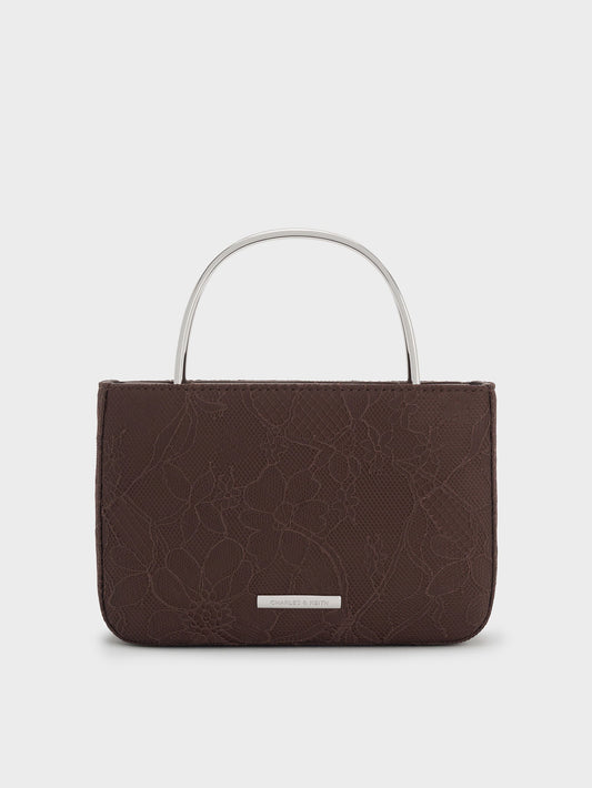 Jennis Lace & Satin Top Handle Bag - Dark Brown Textured | CHARLES & KEITH