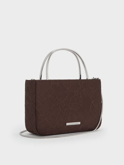 Jennis Lace & Satin Top Handle Bag - Dark Brown Textured | CHARLES & KEITH