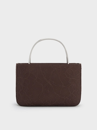 Jennis Lace & Satin Top Handle Bag - Dark Brown Textured | CHARLES & KEITH