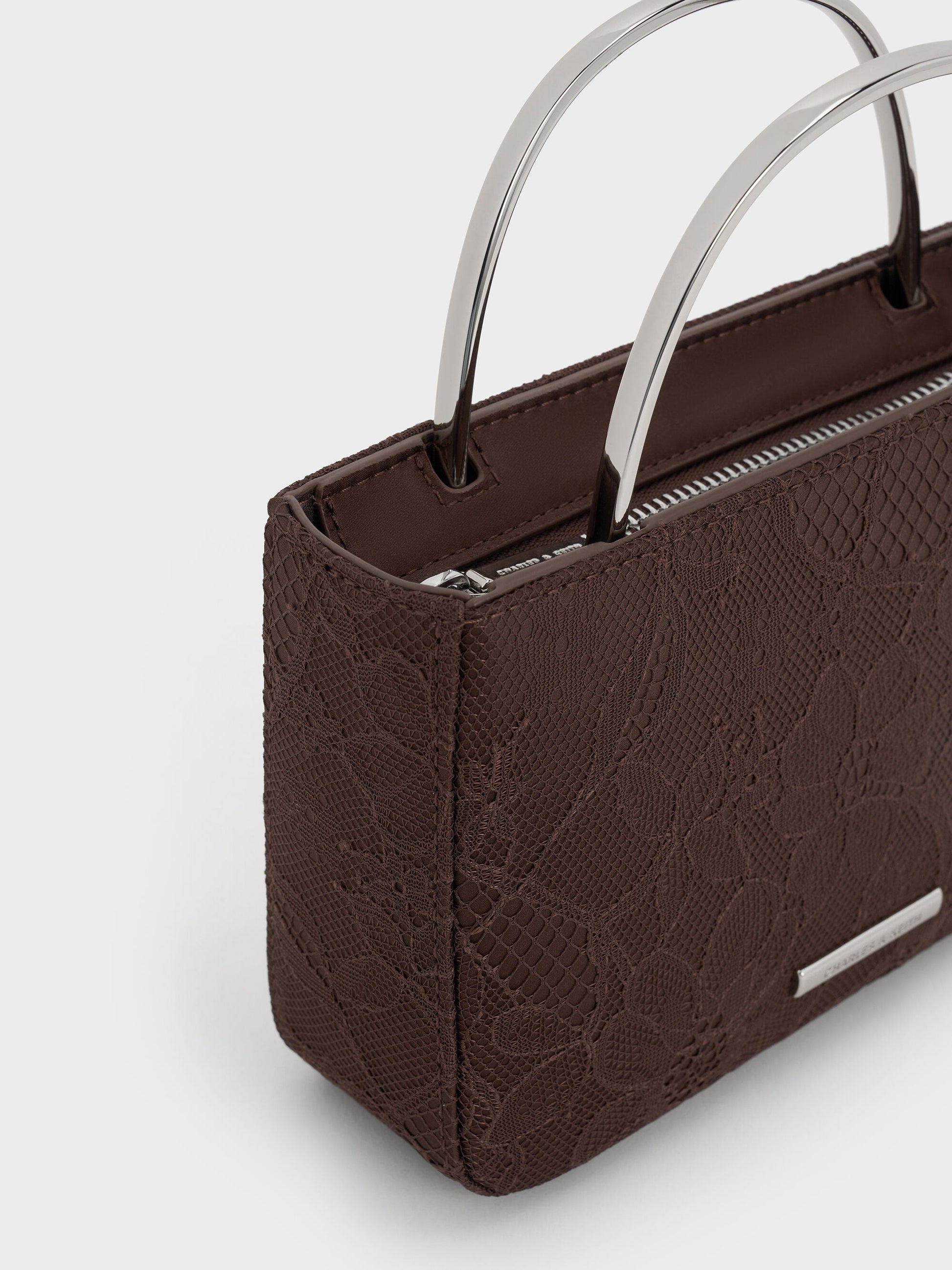 Jennis Lace & Satin Top Handle Bag - Dark Brown Textured | CHARLES & KEITH