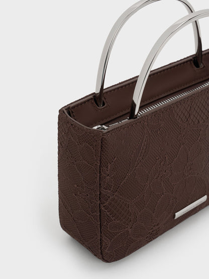 Jennis Lace & Satin Top Handle Bag - Dark Brown Textured | CHARLES & KEITH