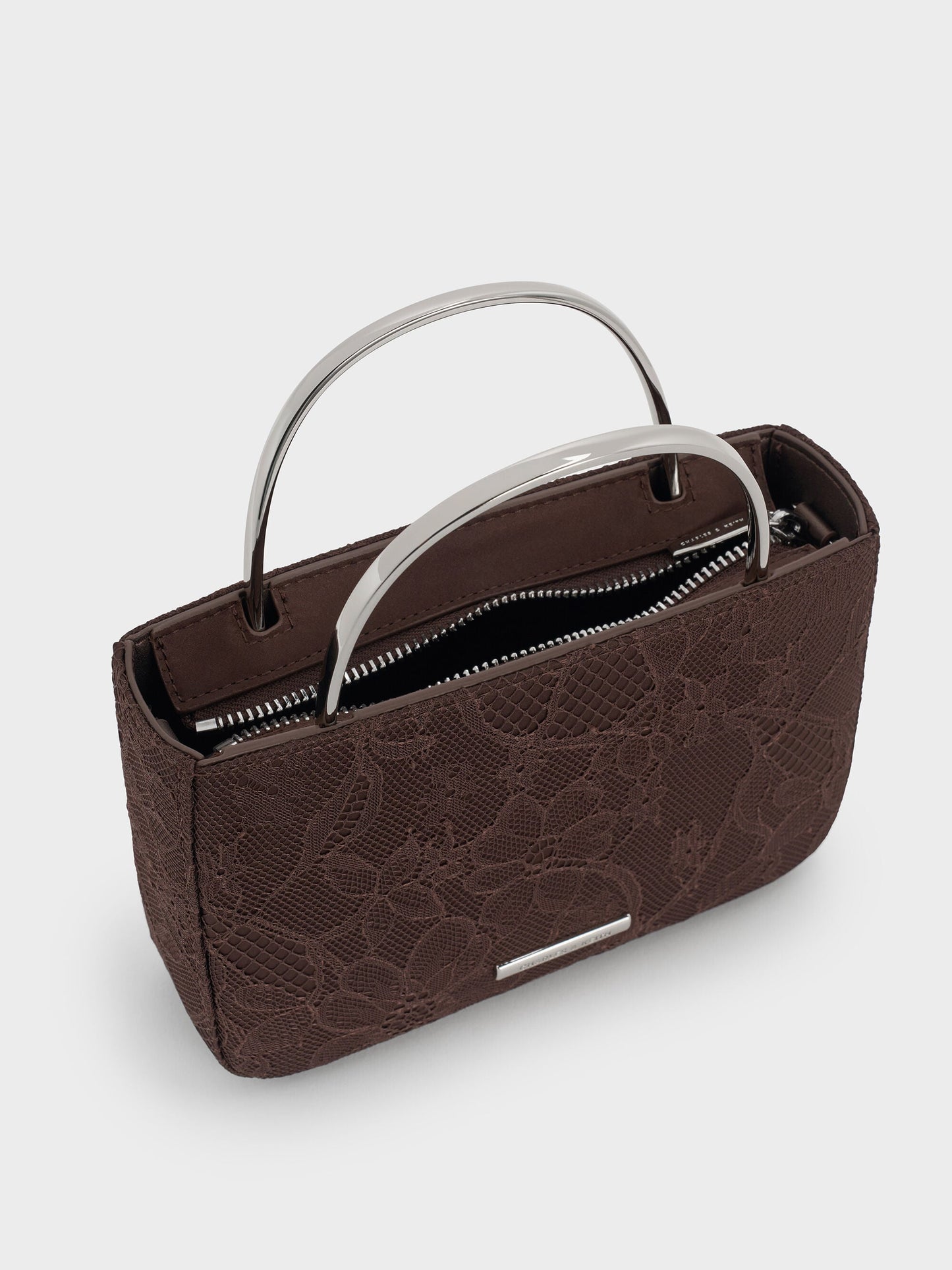 Jennis Lace & Satin Top Handle Bag - Dark Brown Textured | CHARLES & KEITH