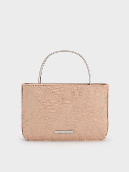 Jennis Lace & Satin Top Handle Bag - Nude Textured | CHARLES & KEITH