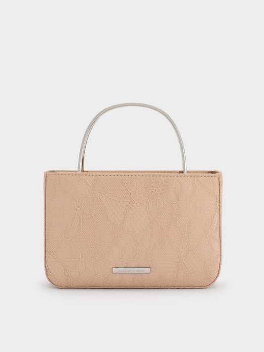 Jennis Lace & Satin Top Handle Bag - Nude Textured | CHARLES & KEITH