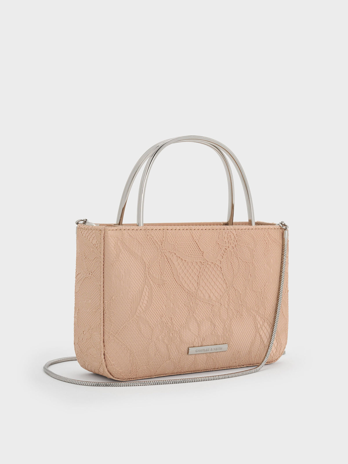 Jennis Lace & Satin Top Handle Bag - Nude Textured | CHARLES & KEITH