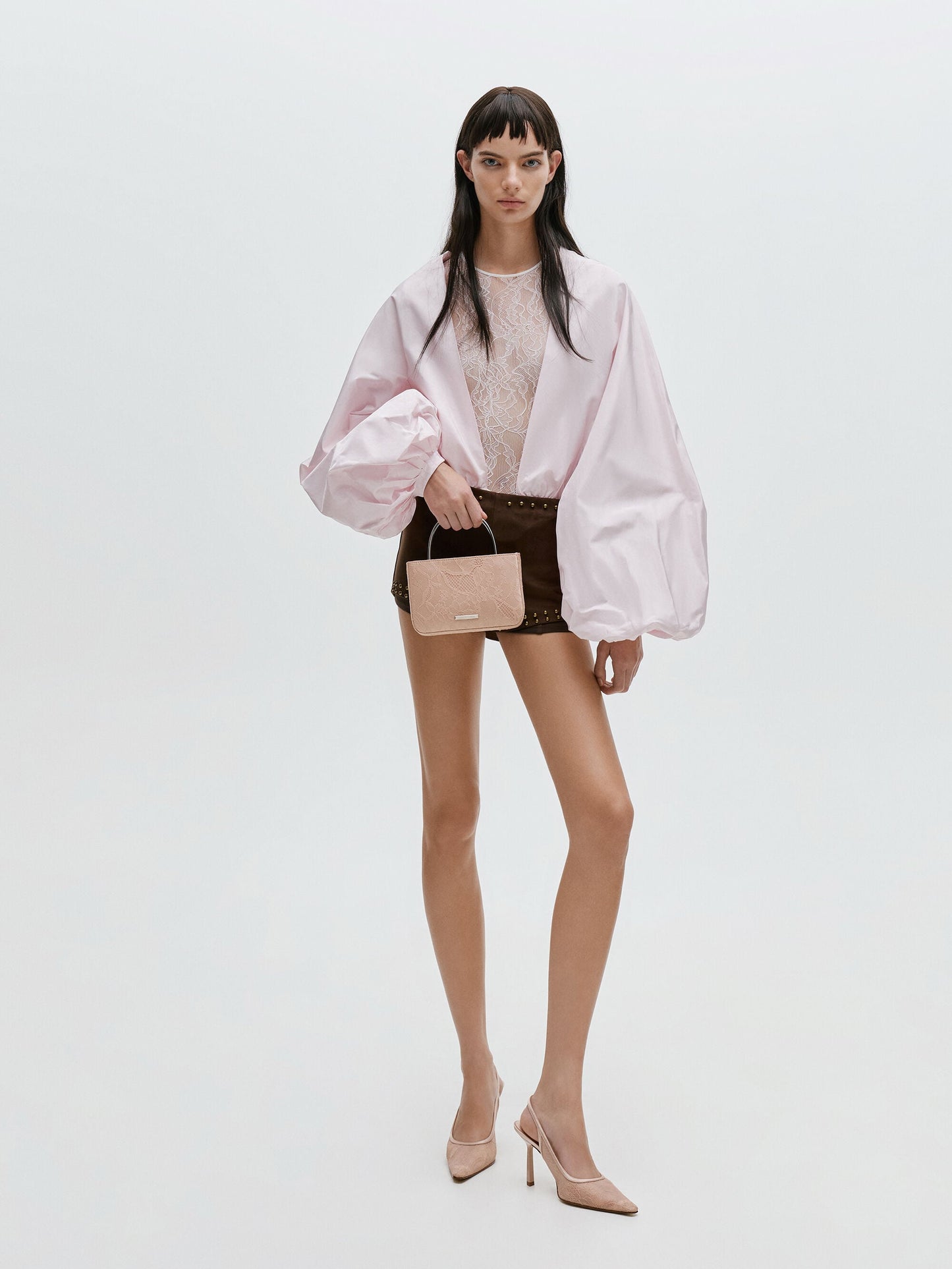 Jennis Lace & Satin Top Handle Bag - Nude Textured | CHARLES & KEITH
