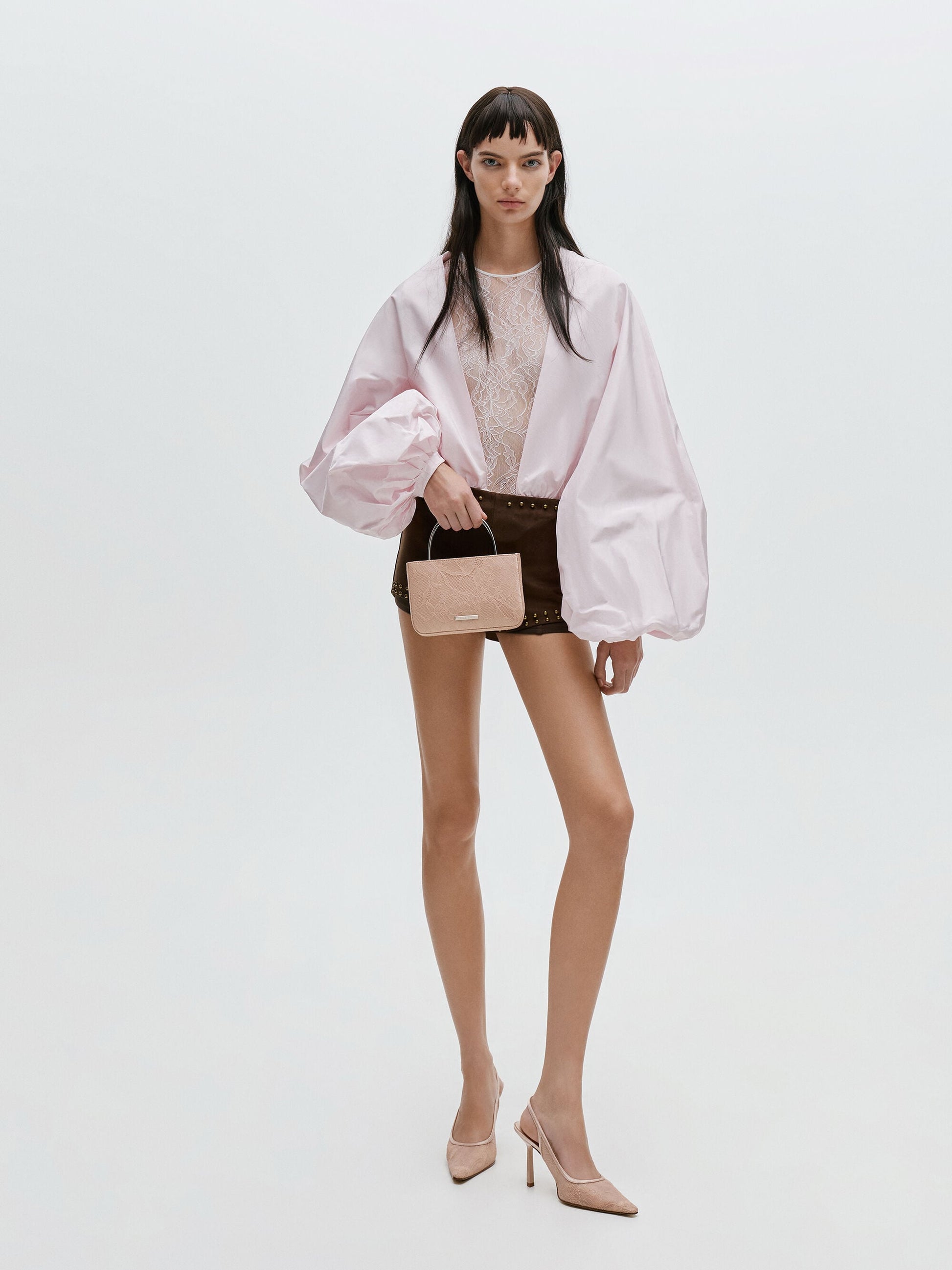 Jennis Lace & Satin Top Handle Bag - Nude Textured | CHARLES & KEITH