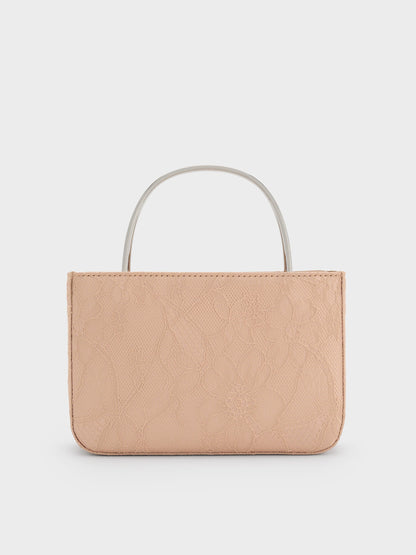 Jennis Lace & Satin Top Handle Bag - Nude Textured | CHARLES & KEITH