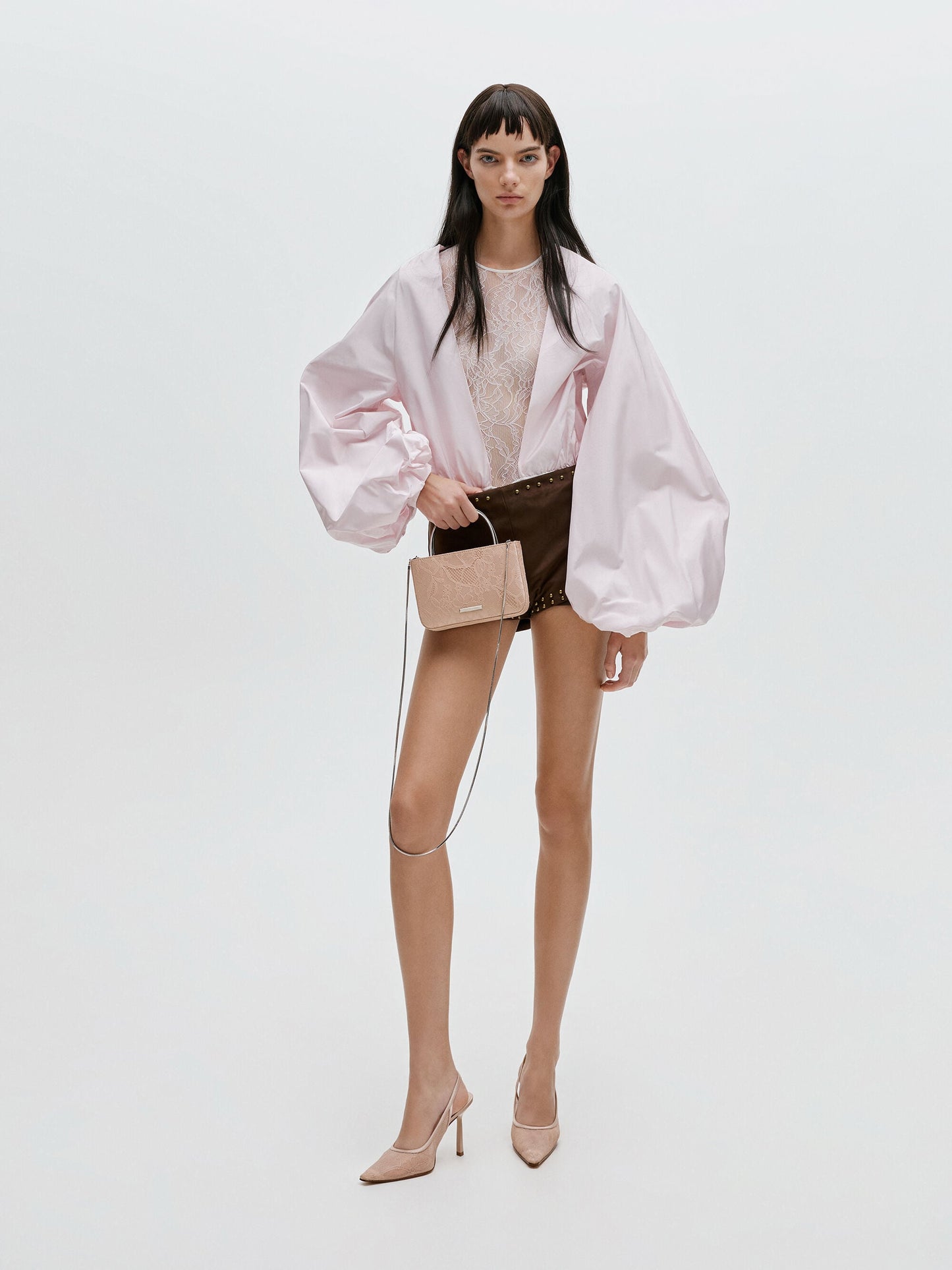 Jennis Lace & Satin Top Handle Bag - Nude Textured | CHARLES & KEITH