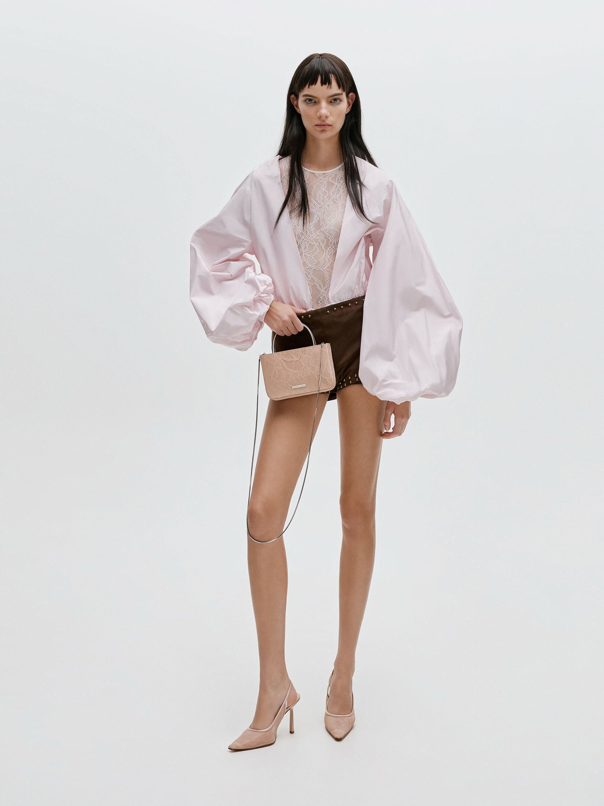 Jennis Lace & Satin Top Handle Bag - Nude Textured | CHARLES & KEITH
