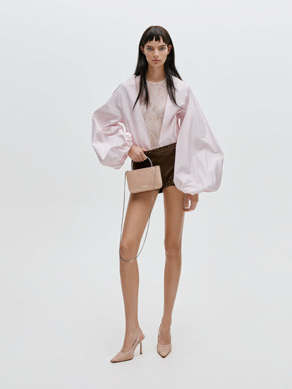 Jennis Lace & Satin Top Handle Bag - Nude Textured | CHARLES & KEITH