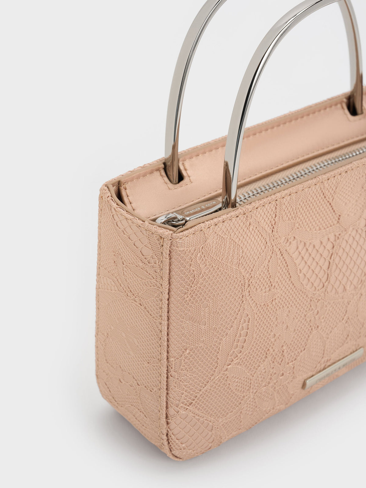 Jennis Lace & Satin Top Handle Bag - Nude Textured | CHARLES & KEITH