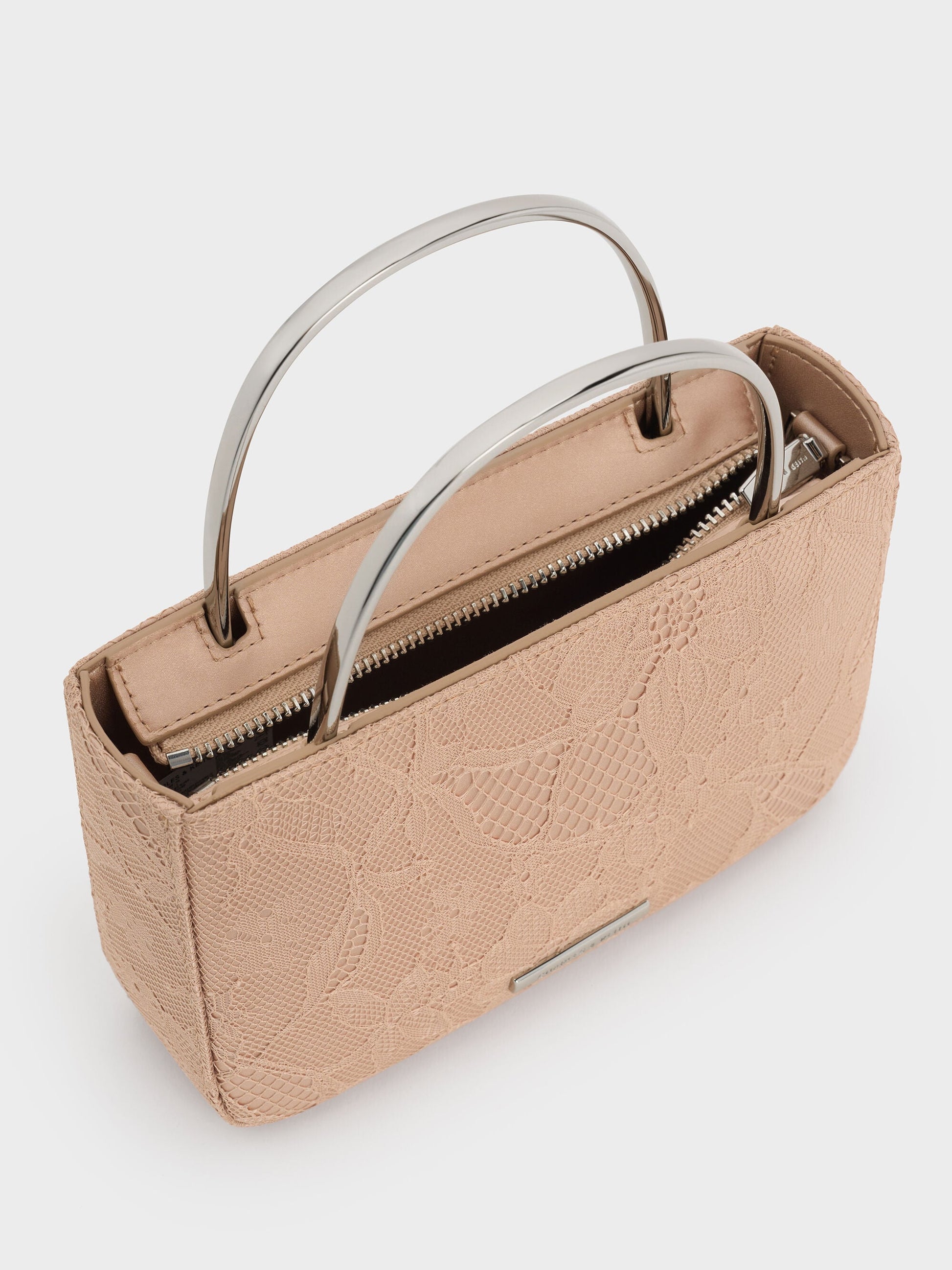 Jennis Lace & Satin Top Handle Bag - Nude Textured | CHARLES & KEITH