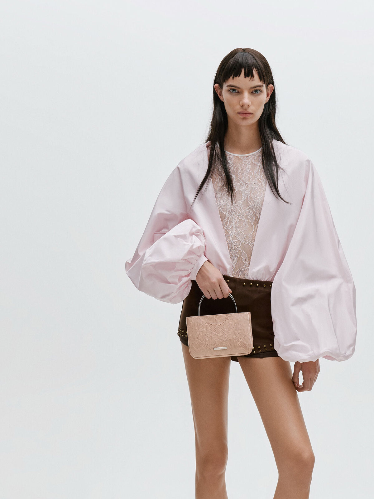 Jennis Lace & Satin Top Handle Bag - Nude Textured | CHARLES & KEITH