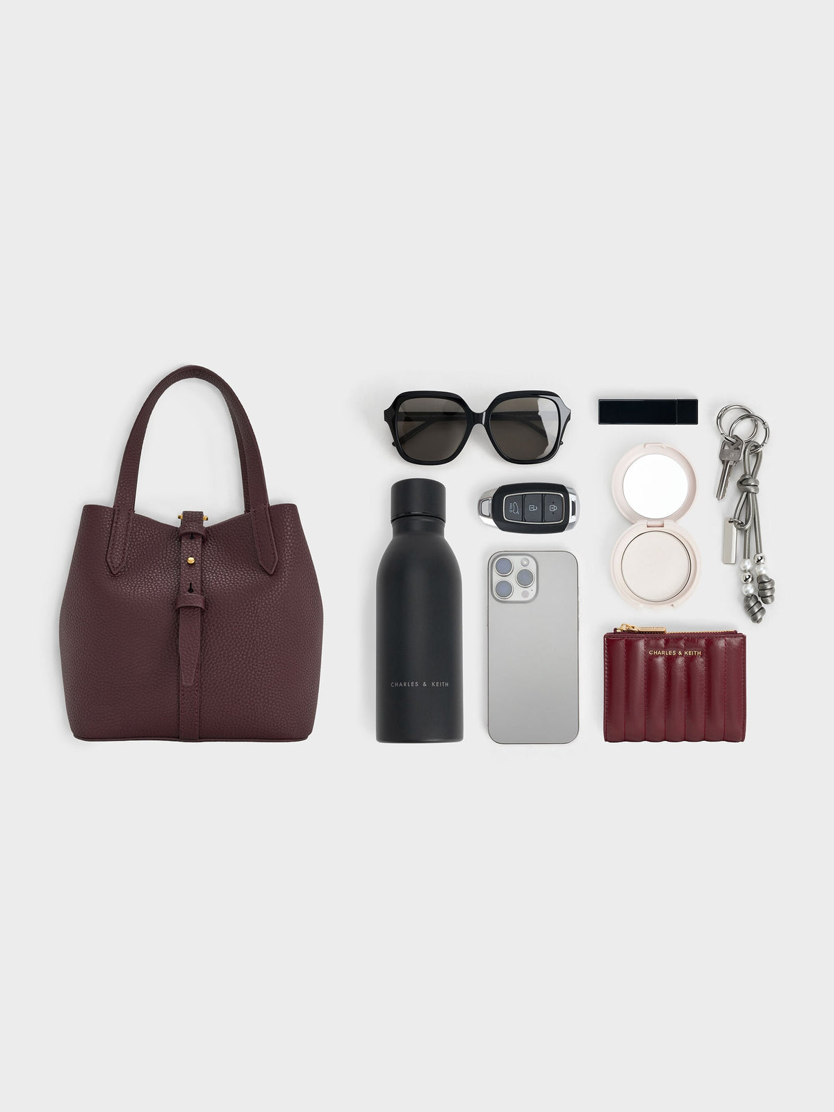 Beryl Belted Bucket Bag - Wineberry Red | CHARLES & KEITH