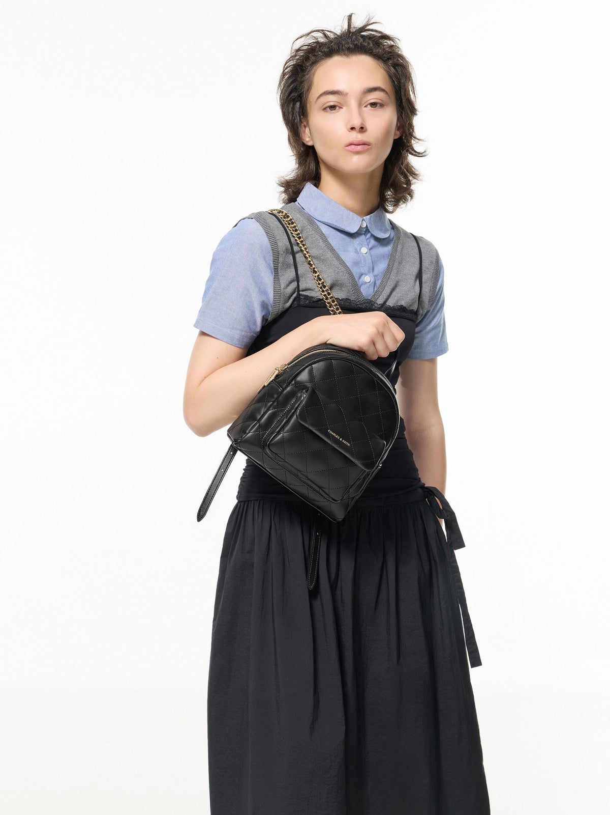 Alva Quilted Front-Pocket Backpack - Black | CHARLES & KEITH