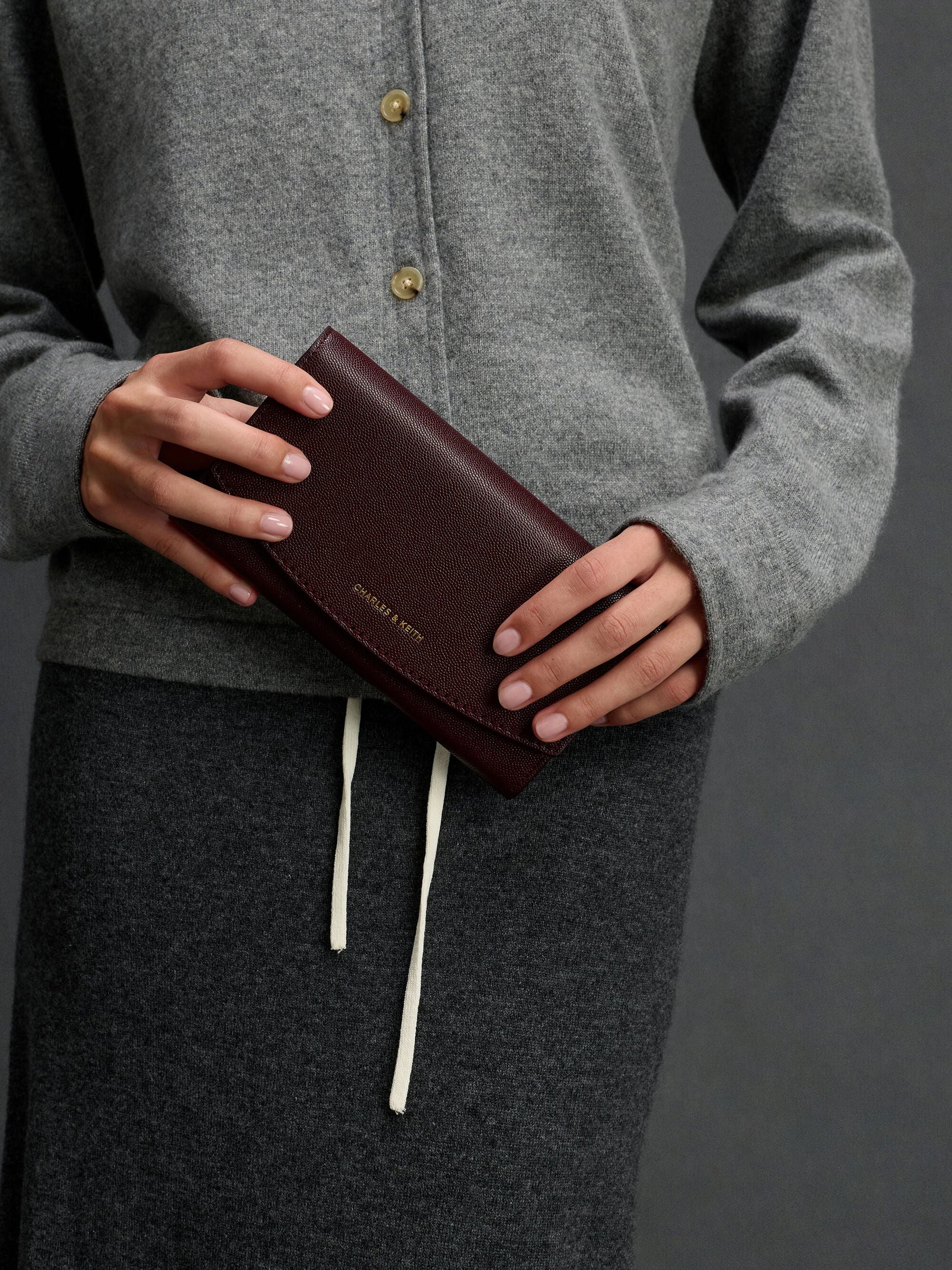 Briony Curved Flap Long Wallet - Wineberry Red | CHARLES & KEITH