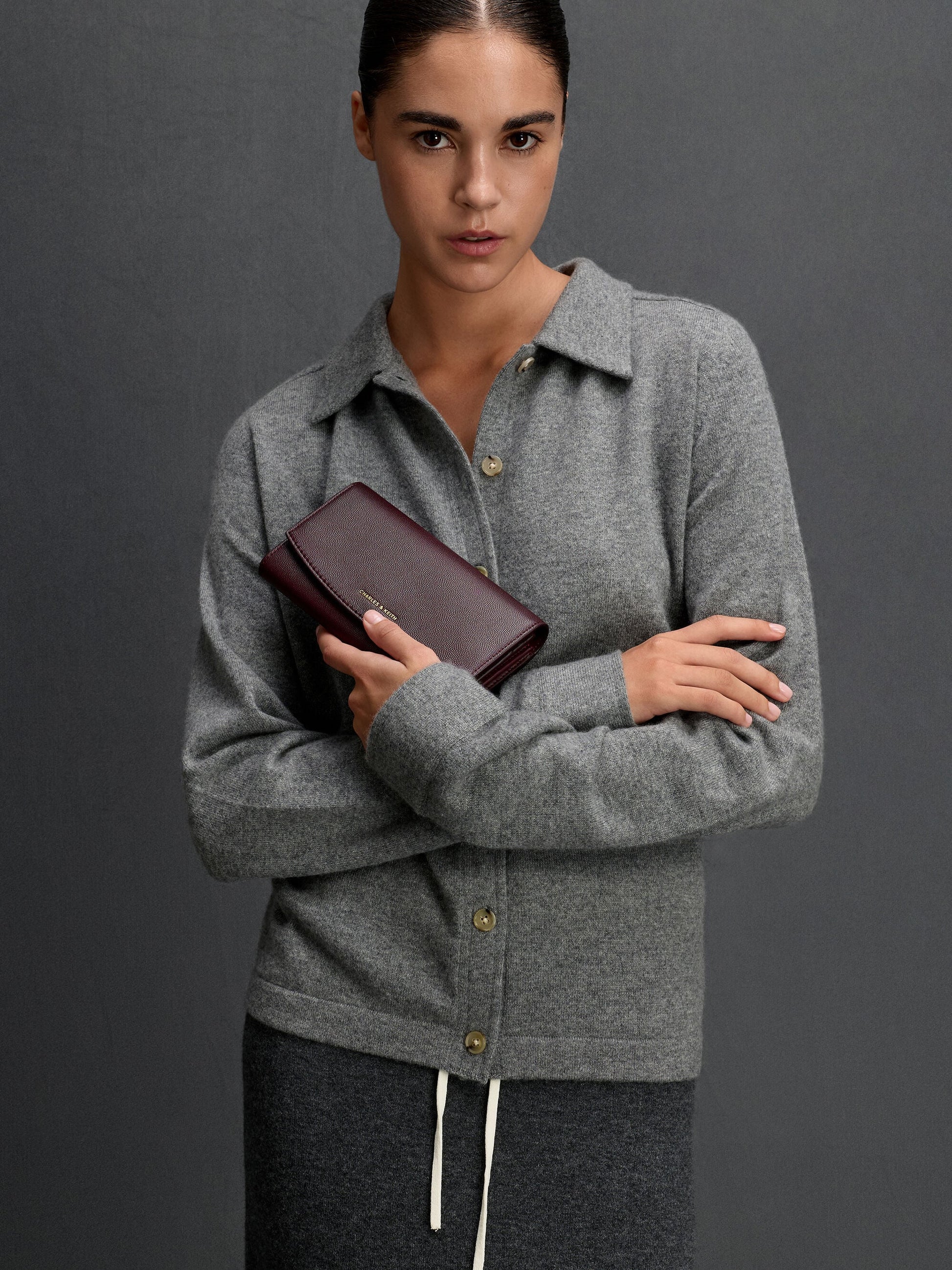 Briony Curved Flap Long Wallet - Wineberry Red | CHARLES & KEITH