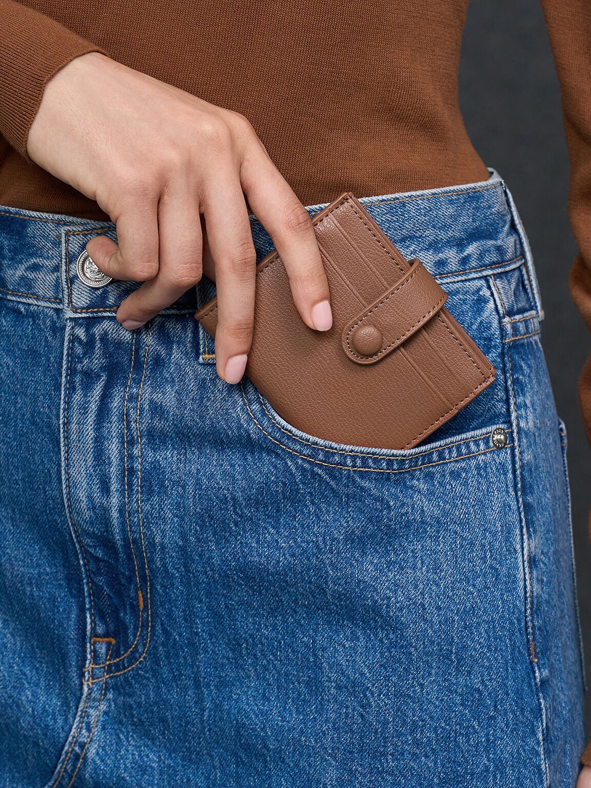Bliss Snap Button Card Holder - Chocolate | CHARLES & KEITH