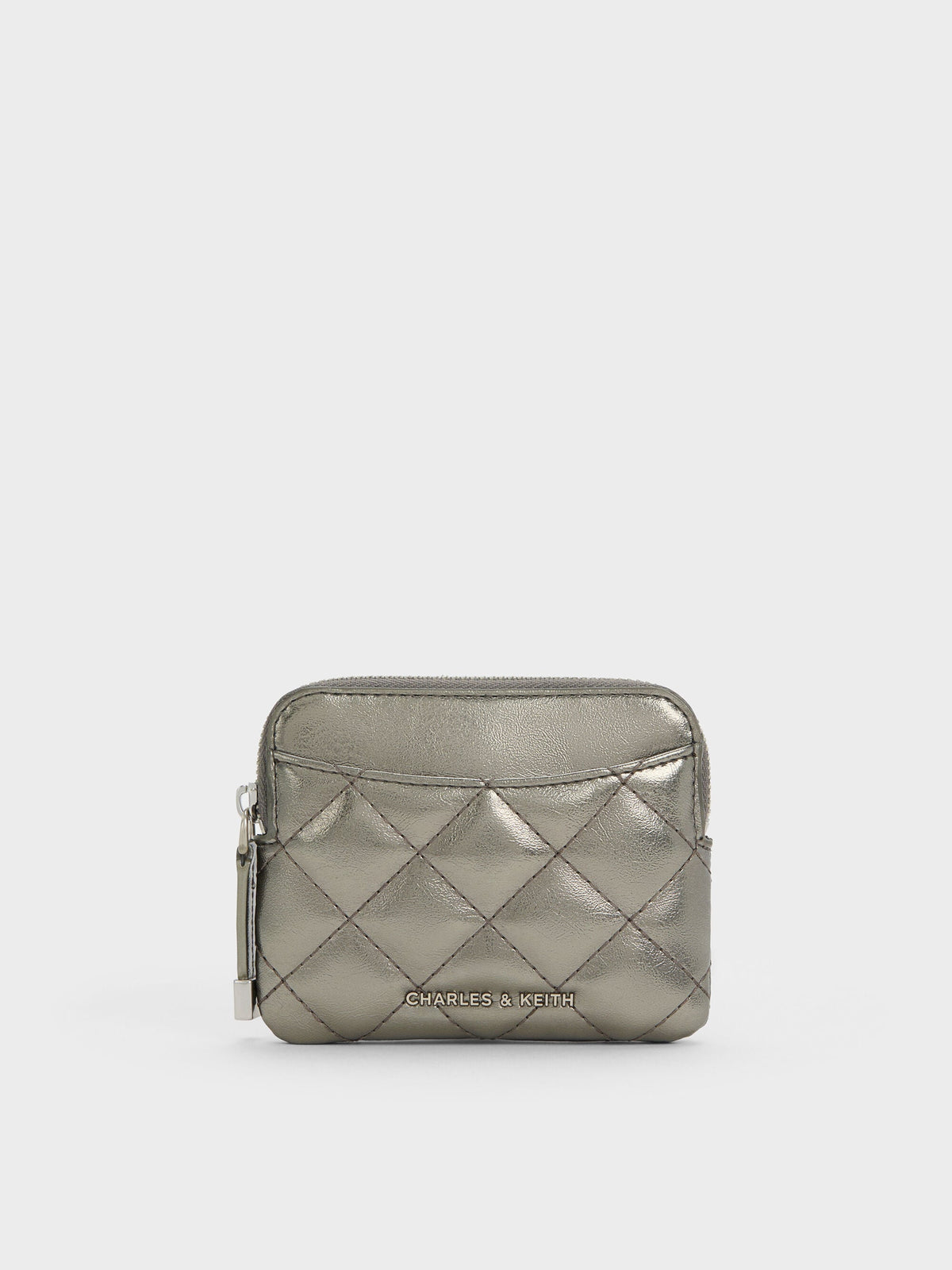 Alva Metallic Quilted Top-Zip Card Holder - Pewter | CHARLES & KEITH