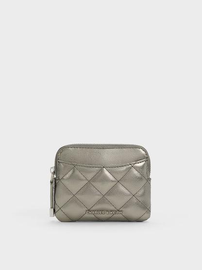 Alva Metallic Quilted Top-Zip Card Holder - Pewter | CHARLES & KEITH