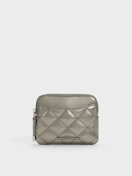 Alva Metallic Quilted Top-Zip Card Holder - Pewter | CHARLES & KEITH