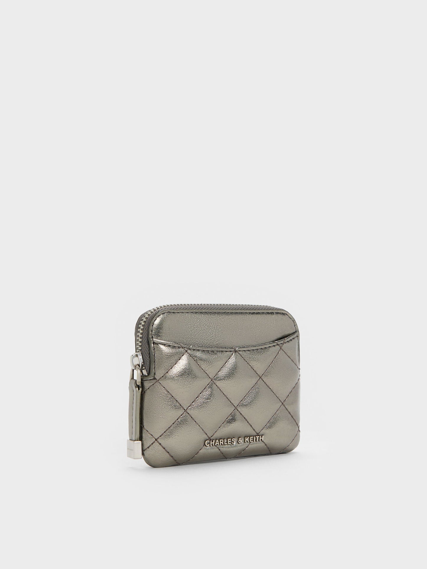 Alva Metallic Quilted Top-Zip Card Holder - Pewter | CHARLES & KEITH