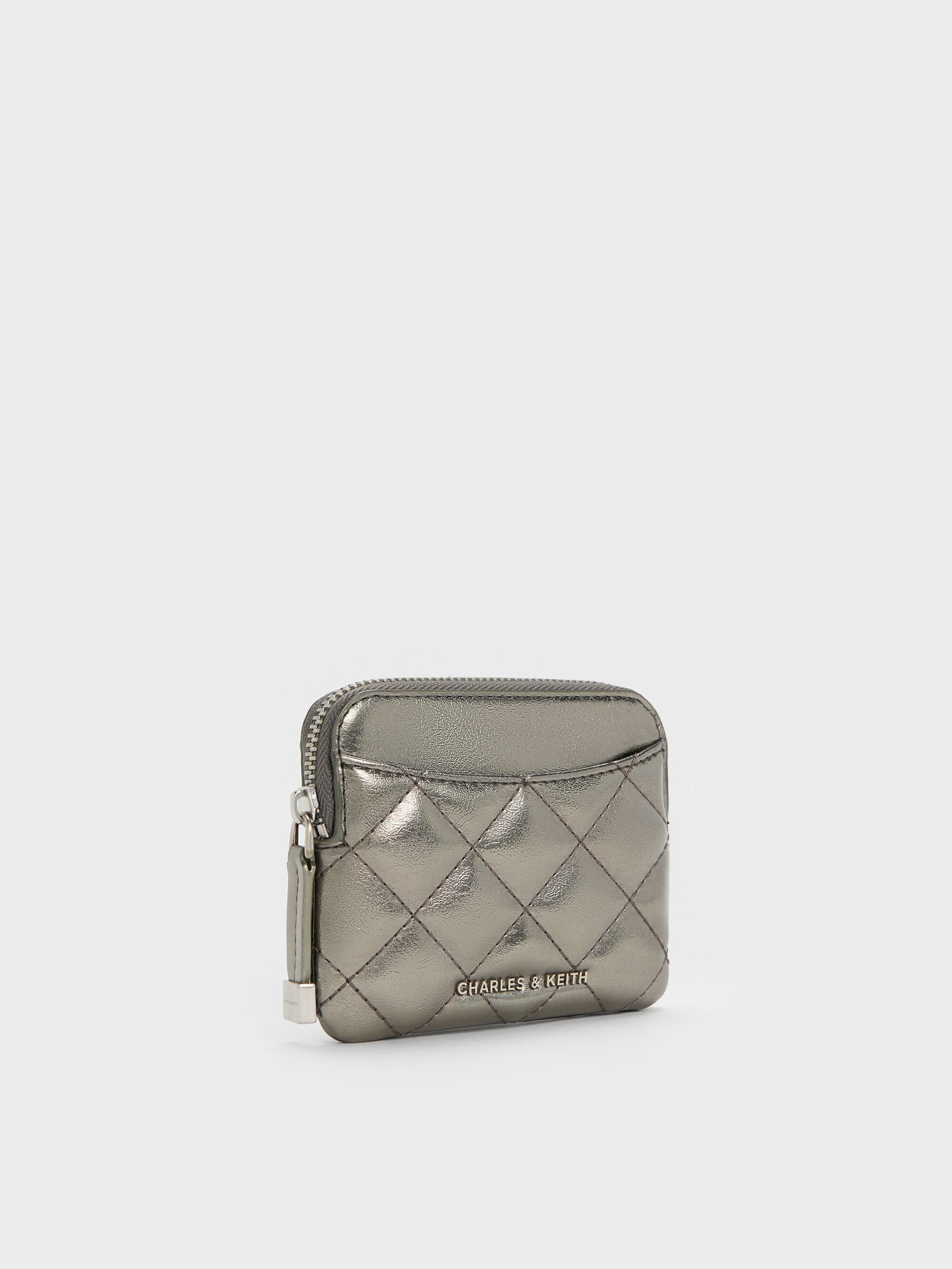 Alva Metallic Quilted Top-Zip Card Holder - Pewter | CHARLES & KEITH