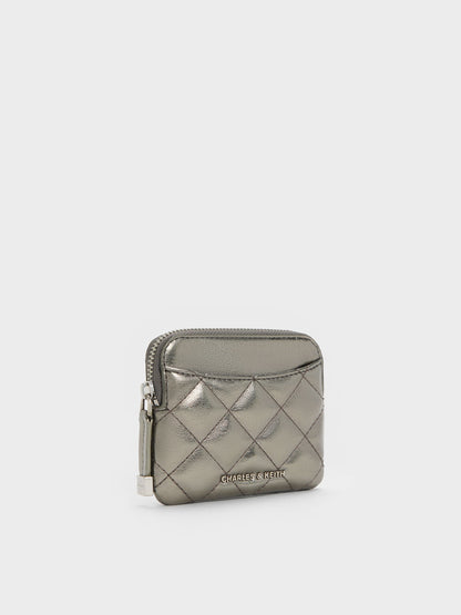 Alva Metallic Quilted Top-Zip Card Holder - Pewter | CHARLES & KEITH