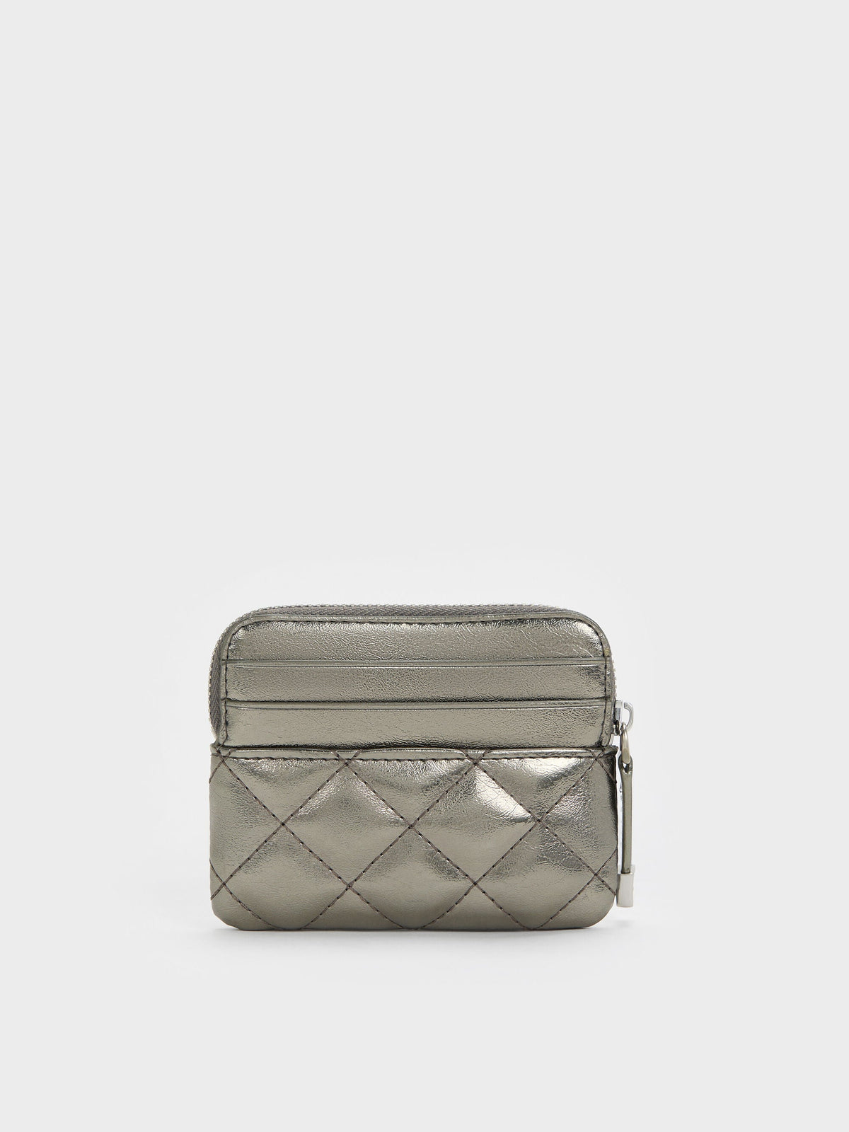 Alva Metallic Quilted Top-Zip Card Holder - Pewter | CHARLES & KEITH