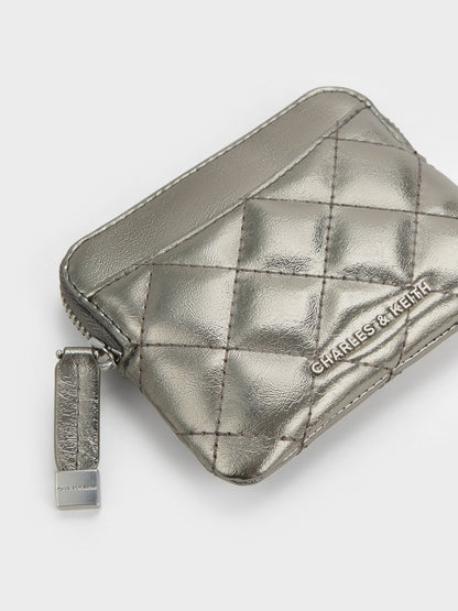 Alva Metallic Quilted Top-Zip Card Holder - Pewter | CHARLES & KEITH