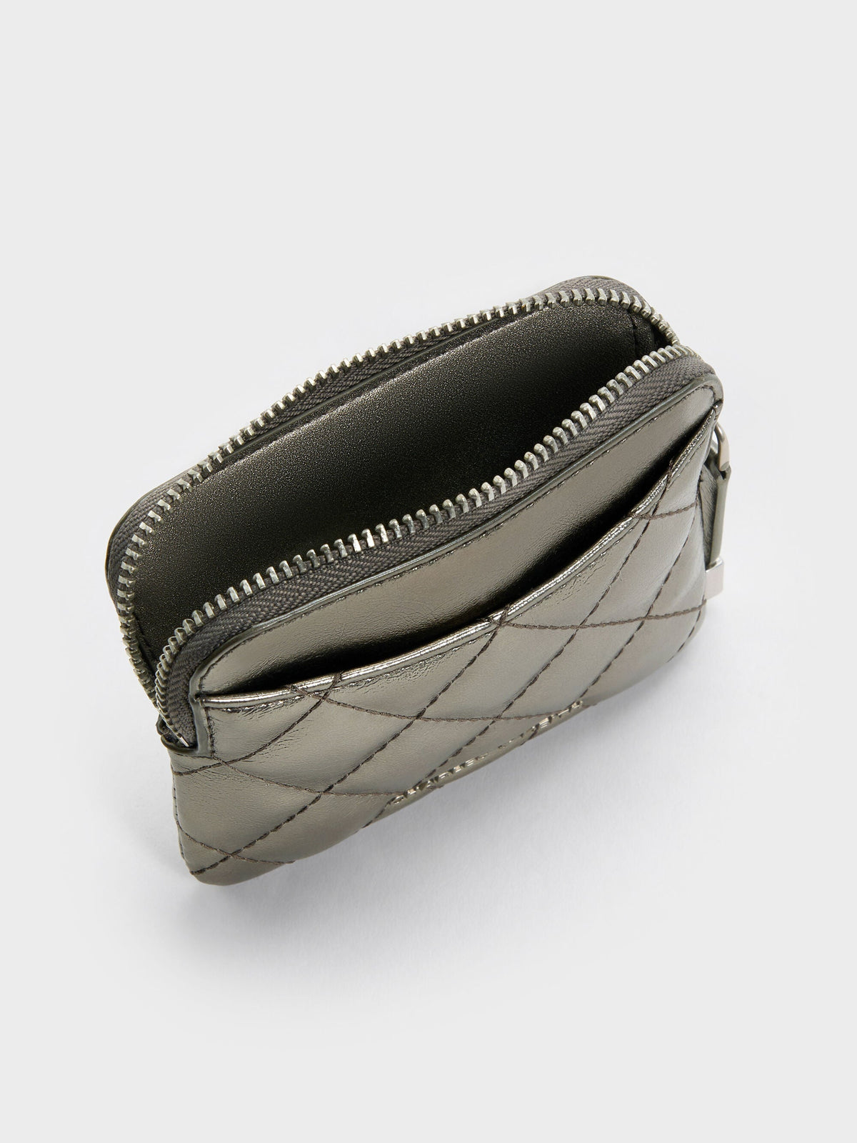 Alva Metallic Quilted Top-Zip Card Holder - Pewter | CHARLES & KEITH