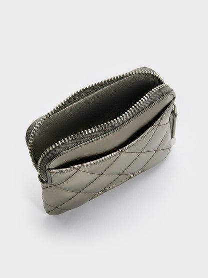 Alva Metallic Quilted Top-Zip Card Holder - Pewter | CHARLES & KEITH