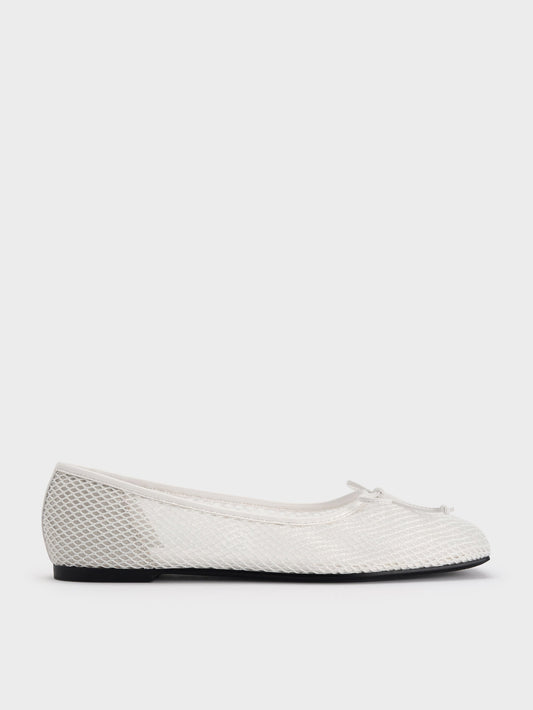 Mesh Square-Toe Bow Ballet Flats - White | CHARLES & KEITH