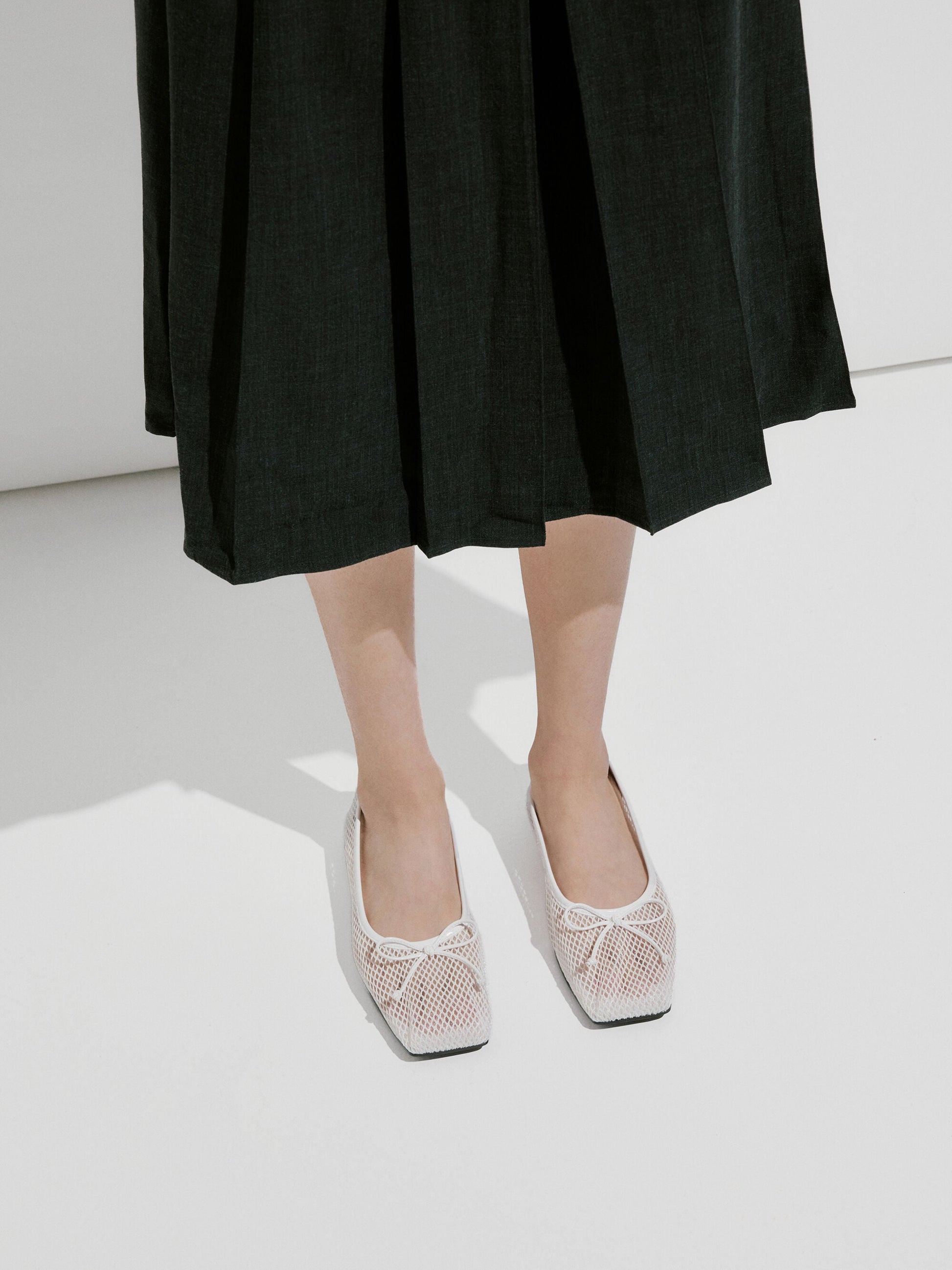 Mesh Square-Toe Bow Ballet Flats - White | CHARLES & KEITH