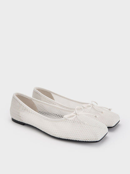 Mesh Square-Toe Bow Ballet Flats - White | CHARLES & KEITH