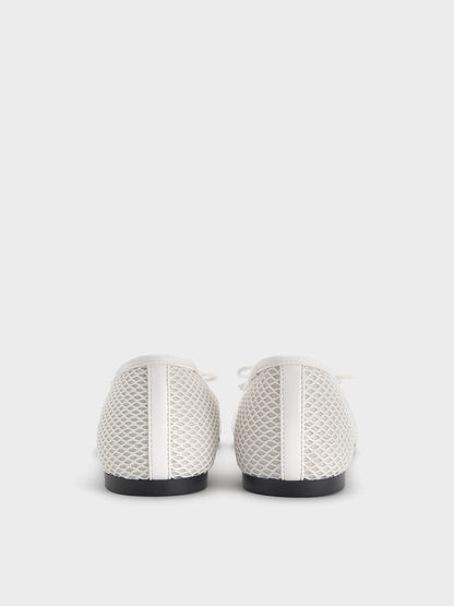 Mesh Square-Toe Bow Ballet Flats - White | CHARLES & KEITH