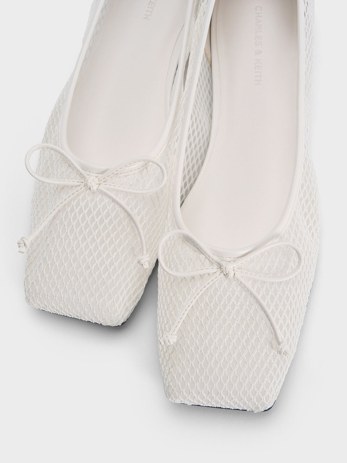 Mesh Square-Toe Bow Ballet Flats - White | CHARLES & KEITH