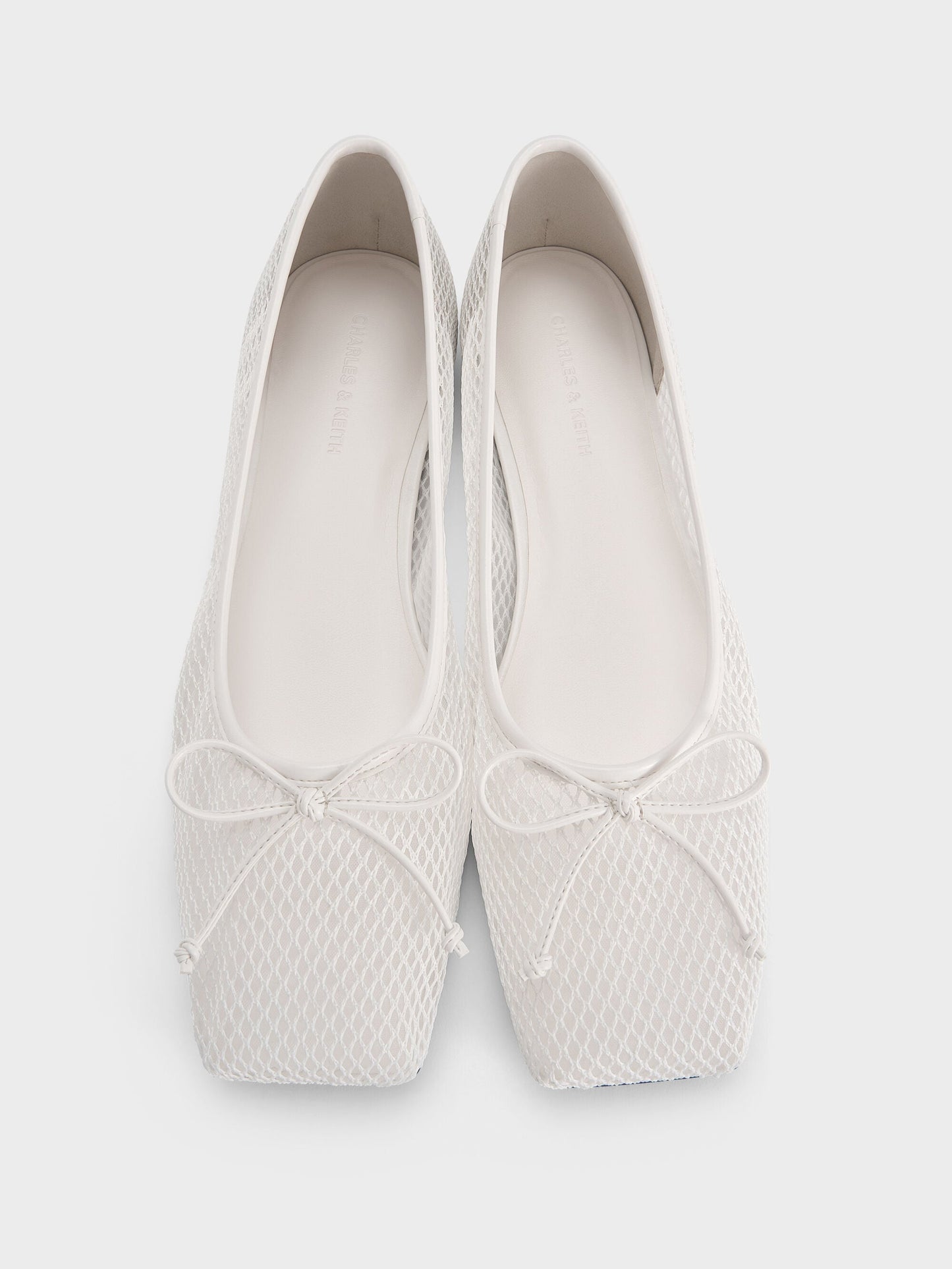 Mesh Square-Toe Bow Ballet Flats - White | CHARLES & KEITH