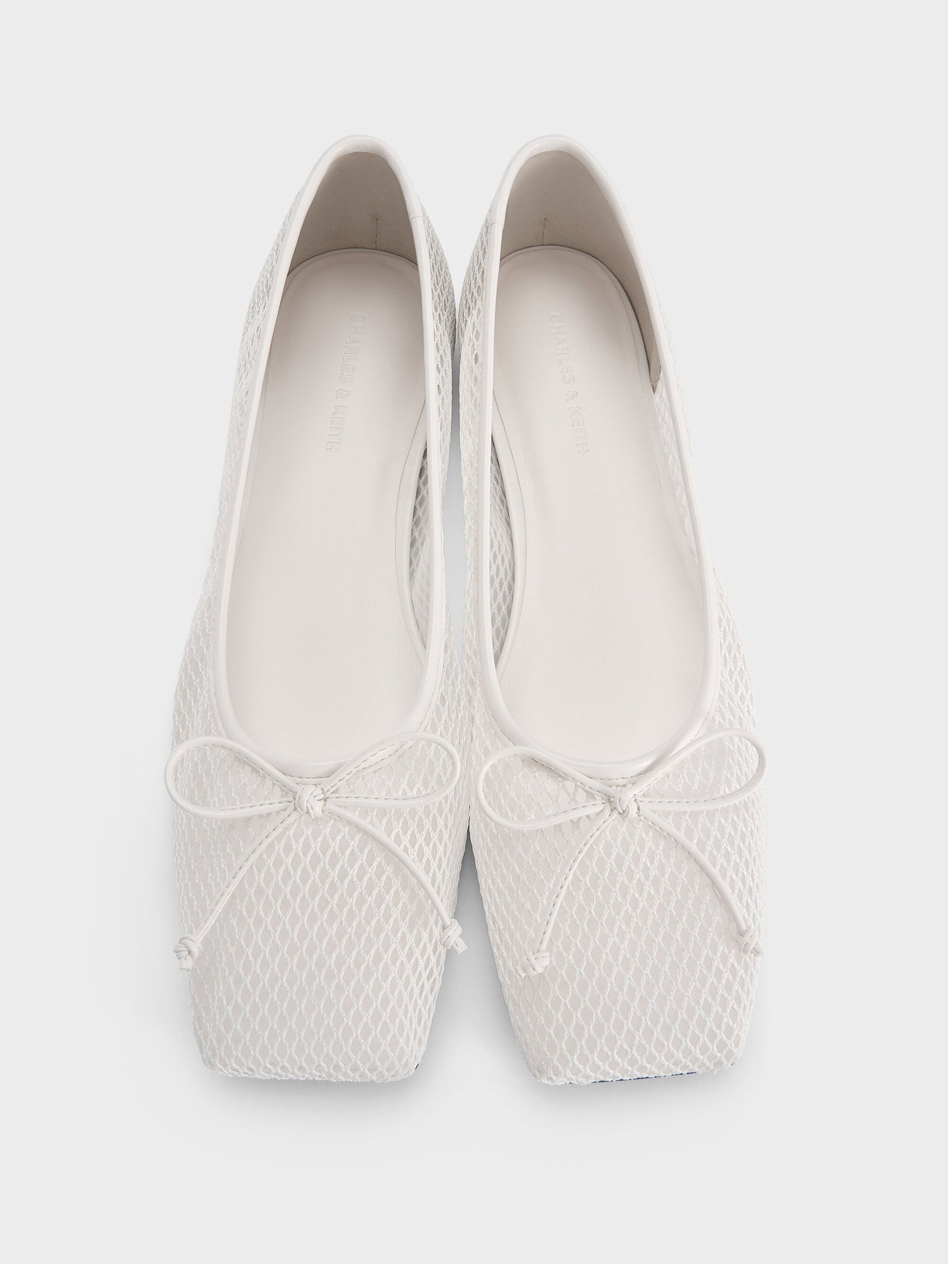 Mesh Square-Toe Bow Ballet Flats - White | CHARLES & KEITH
