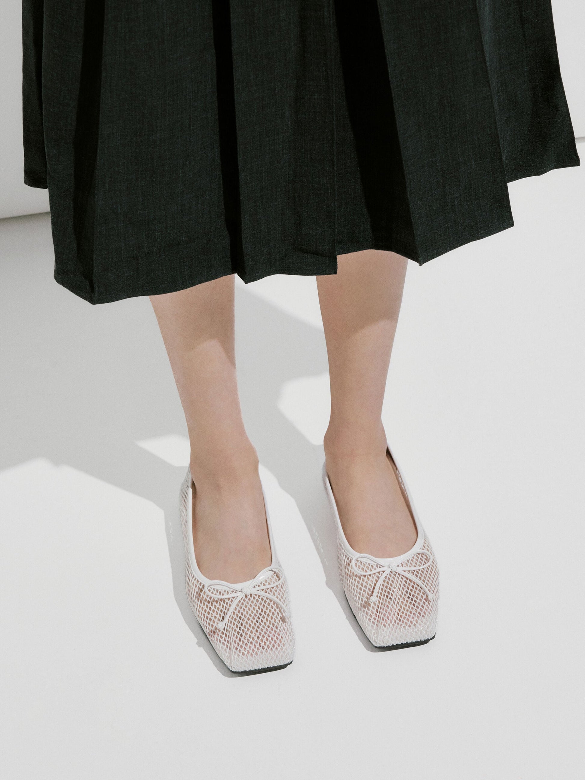 Mesh Square-Toe Bow Ballet Flats - White | CHARLES & KEITH